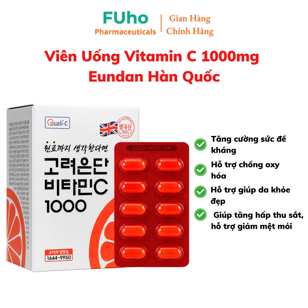Viên Uống Vitamin C 1000mg Eundan Hàn Quốc, Giúp trắng da, mờ thâm nám sạm, ngăn ngừa mụn, nóng tron