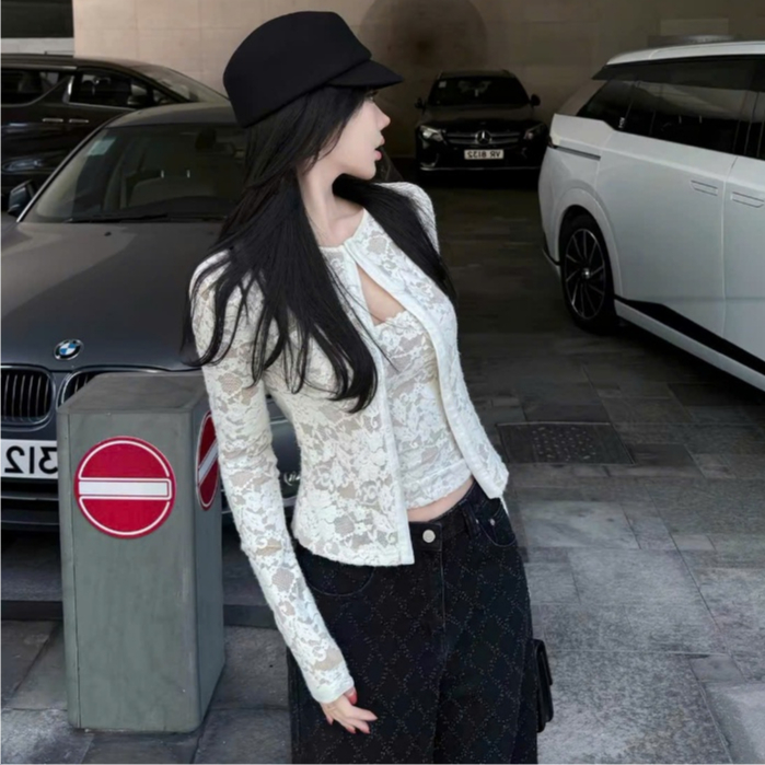 SUXING | Set 2 Món Áo Ren Nữ 2 Dây Kèm Cardigan Ren Dài Tay Sang Chảnh Tiểu Thư