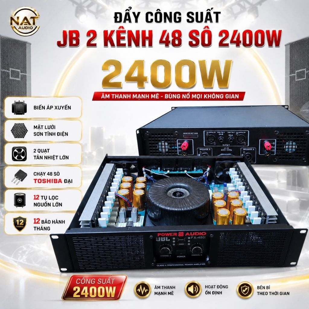 Đẩy công suất JB 2 Kênh 48 sò biến áp xuyến 12 tụ lọc nguồn lớn MODEL : FX4800