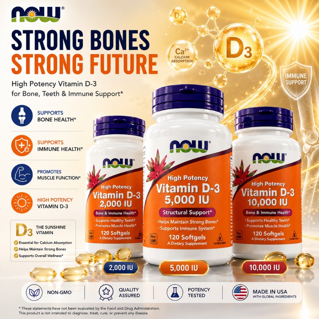 【Nhập khẩu chính hãng từ Mỹ】Viên uống Vitamin D3 Now 5000IU/10000IU giúp xương chắc khỏe, tăng đề kh