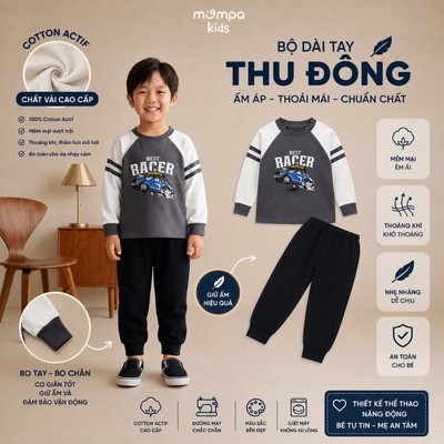 Bộ dài tay cho bé Mompa 1-5 tuổi vải Cotton Actif co giãn thoáng khí nhanh khô MP 0585