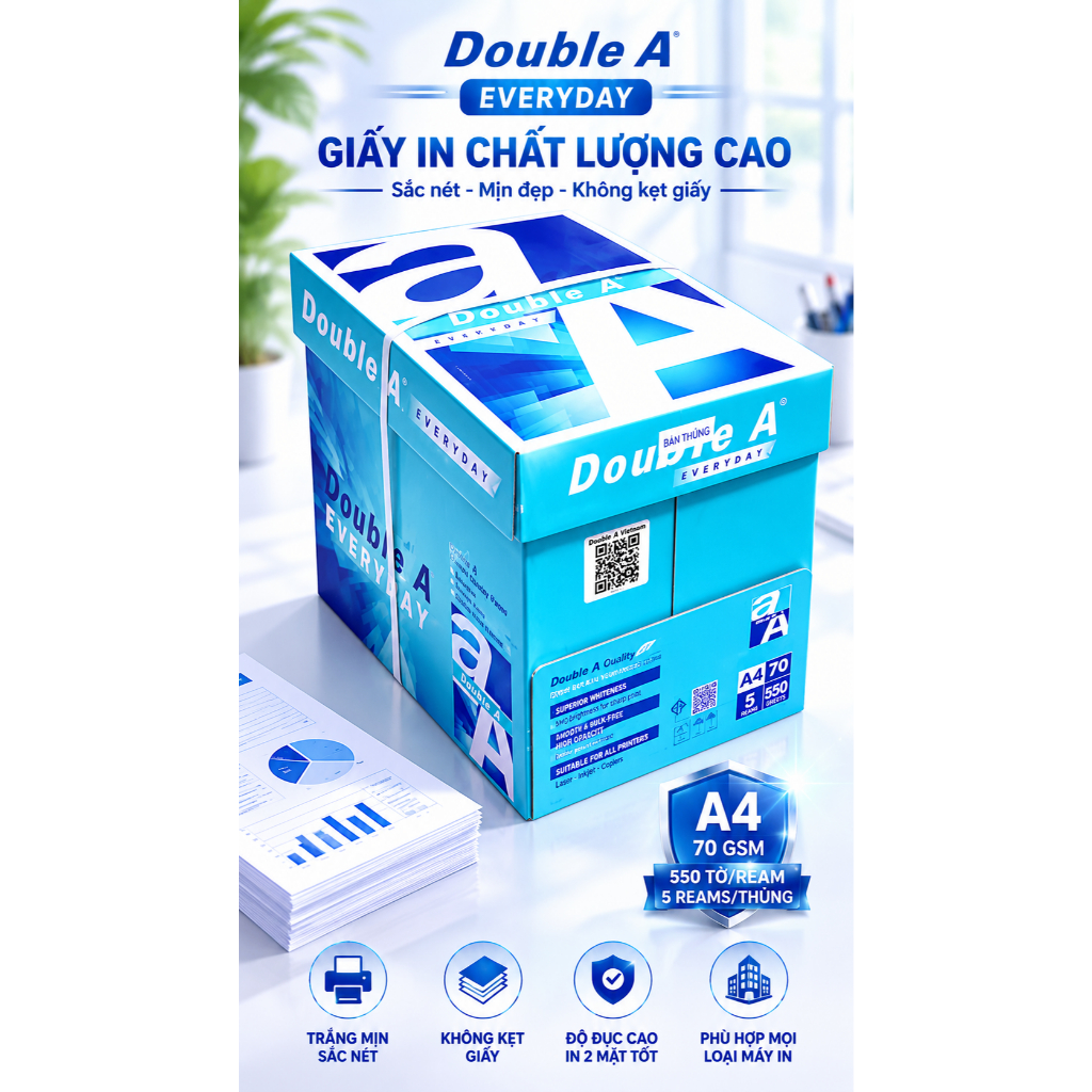 GIẤY IN DOUBLE A 550 Tờ/Ream, Khổ Giấy A5 - A4 - A3, Định lượng 70 - 80Gsm, HÀNG NHẬP KHẨU THÁI LAN