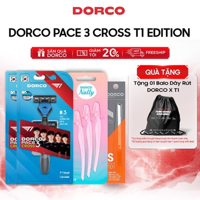[Tặng Balo Rút] Combo 2 Bộ Dao Cạo Hàn Quốc 3 Lưỡi DORCO PACE 3 CROSS T1 Edition - Vỉ 3 Dao Cạo Mày - 1 Dao Rọc Giấy