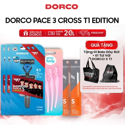 [Tặng Balo Rút & Túi Vải] Combo 3 Bộ Dao Cạo Hàn Quốc DORCO PACE 3 CROSS T1 Edition - Vỉ 3 Dao Cạo Mày - 2 Dao Rọc Giấy