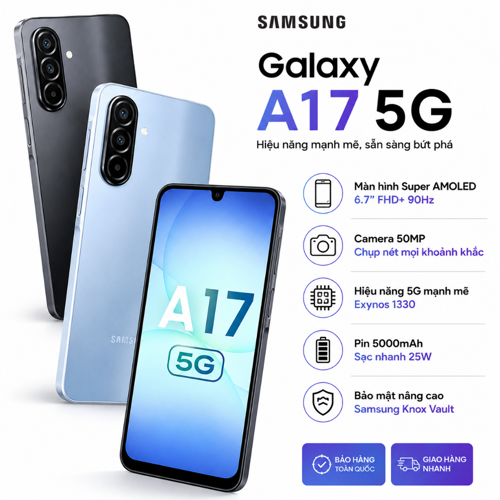 Điện Thoại Thông Minh SAMSUNG Galaxy A17 5G 8/256GB Tần số quét 90Hz