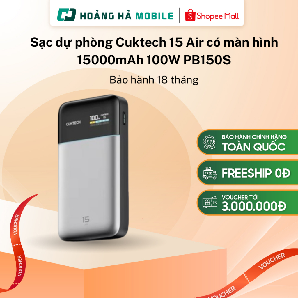Sạc dự phòng Cuktech 15 Air có màn hình 15000mAh 100W PB150S