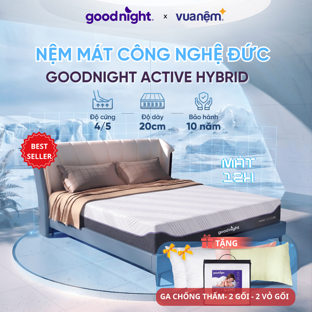 [TẶNG COMBO QUÀ 5 MÓN] Nệm Foam Cao Su Goodnight Active Hybrid mát tới 12H - Nệm mát, 7 vùng nâng đỡ cơ thể