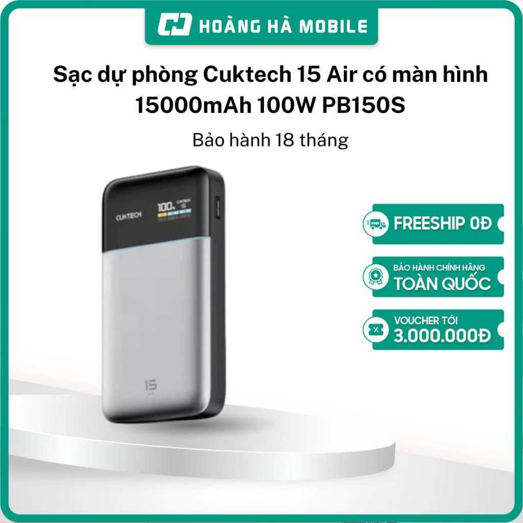 Sạc dự phòng Cuktech 15 Air có màn hình 15000mAh 100W PB150S Bảo hành 18 tháng