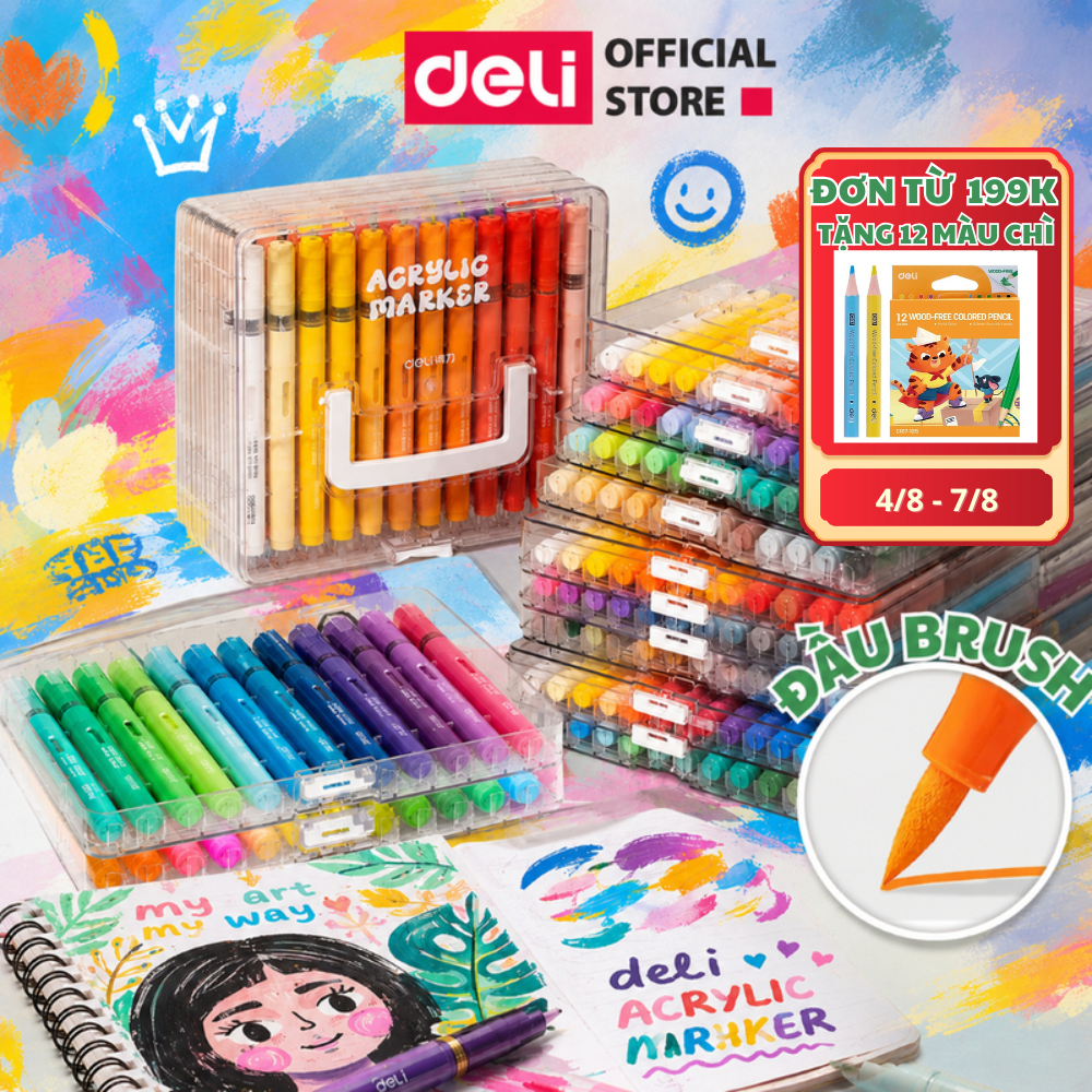 [🔥TẶNG 12 MÀU CHÌ] Bút Màu Acrylic Marker Roller Free Ink Đầu Lông Mềm Bút Lông Màu Deli Vẽ Mọi Chất