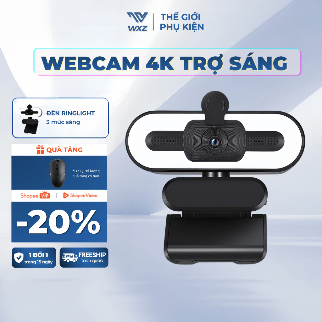 Webcam 4K Ultra HD Cho Máy Tính Tích Hợp Đèn Ring Light, Mic Kép Khử Ồn Livestream & Học Online