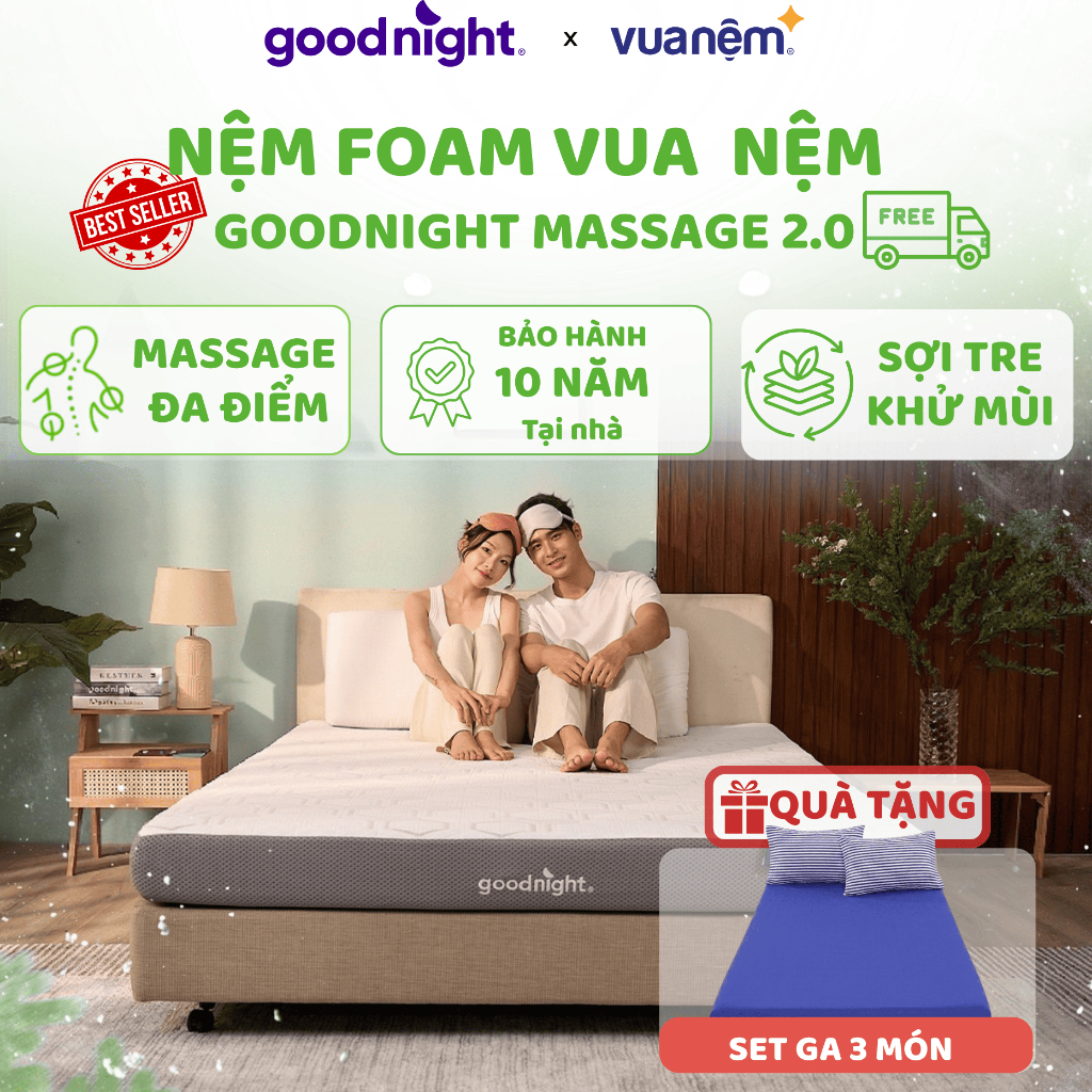 [TẶNG SET GA 3 MÓN] Nệm Foam Vua Nệm Goodnight Massage 2.0 (Hachi) 15cm, Đệm cao su non Massage