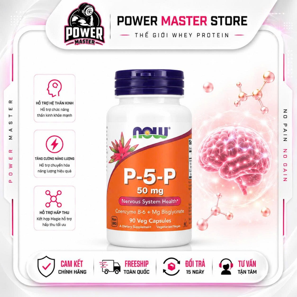 NOW Foods P-5-P 50mg – Vitamin B6 P-5-P Kèm Magnesium – 90 Viên