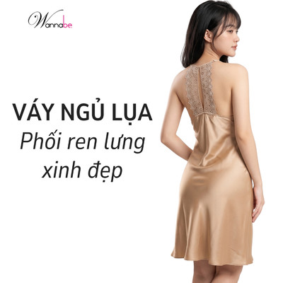Váy ngủ luạ mềm mịn WANNABE đầm ngủ 2 dây cổ tim khoét lưng phối ren hoa Nhật nữ tính gợi cảm DNS07