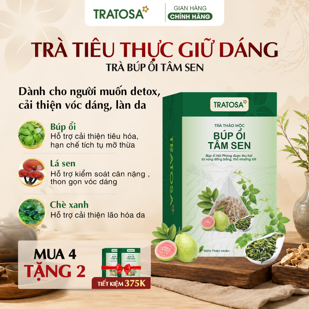 Trà Tiêu Thực Búp Ổi Tâm Sen TRATOSA trà thảo mộc hỗ trợ thon gọn vóc dáng, da dẻ mịn màng, an toàn 