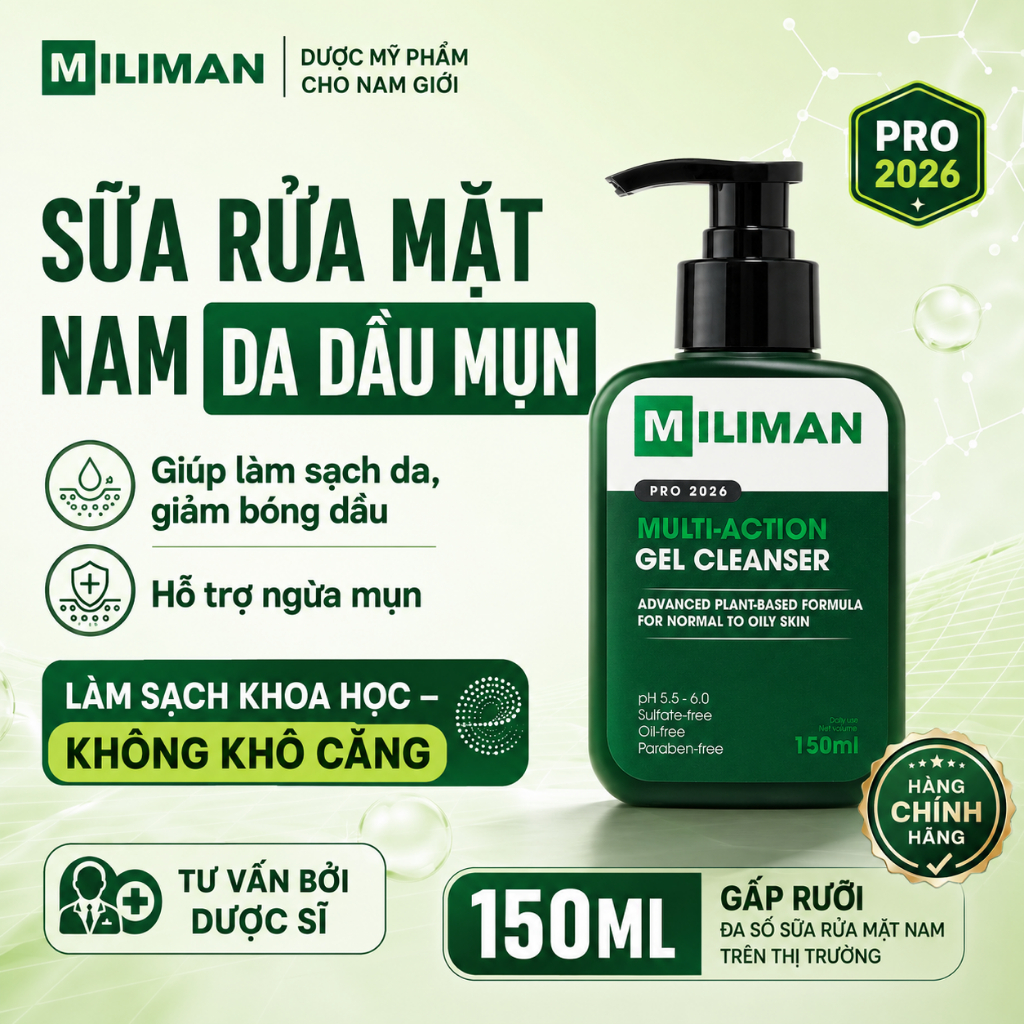 Sữa Rửa Mặt Cho Nam Da Dầu Mụn MILIMAN PRO 2026 150ML – Công Thức Gel Giúp Kiềm Dầu Ngừa Mụn