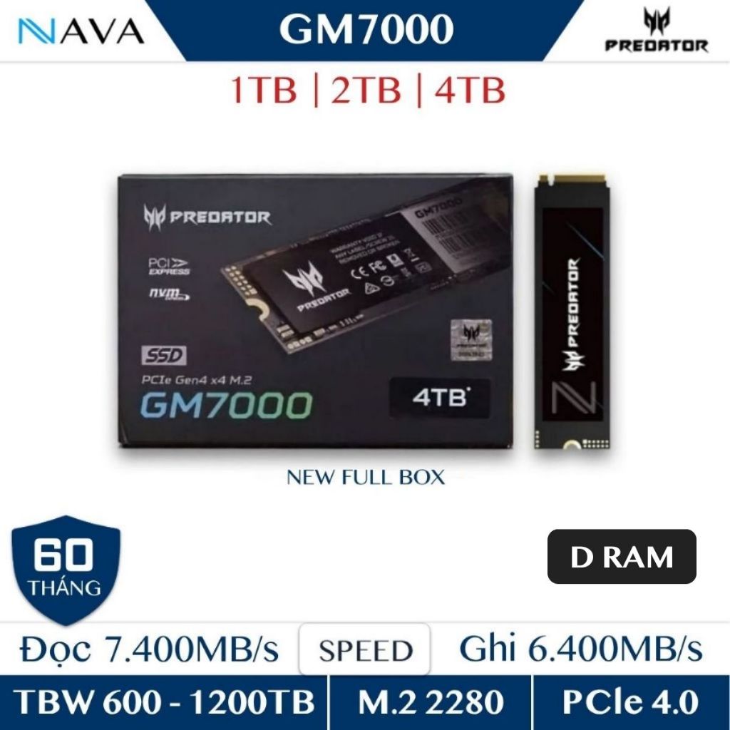 SSD Predator GM7000 1TB 2TB 4TB NVMe Gen 4 PCIe Có DRAM Tốc độ Cao, Có HeadSink tích hợp, BH 5 năm