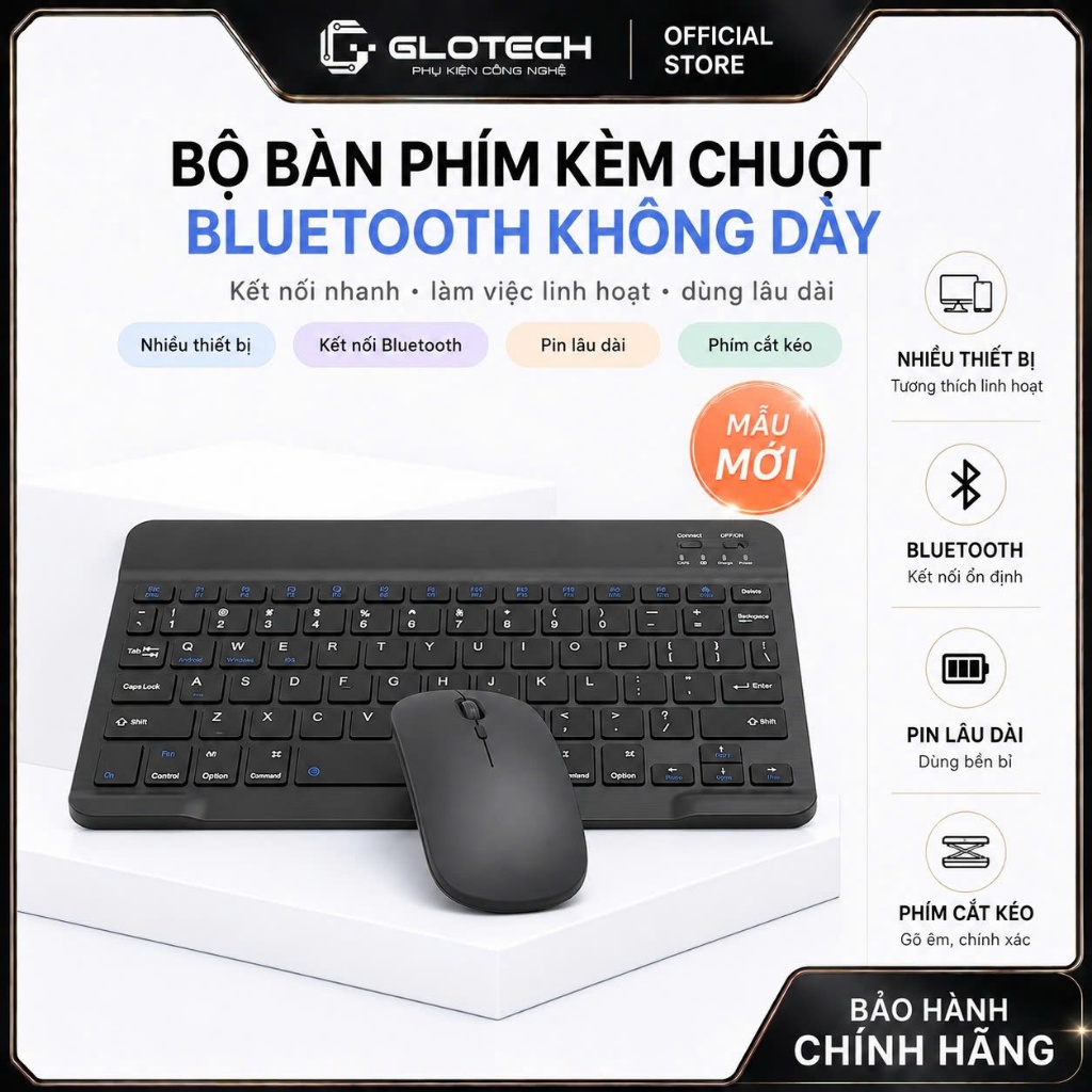 Bộ Bàn Phím Bluetooth Kèm Chuột GLOTECH BP 01 Slim Cho iPad, Tablet, Laptop…