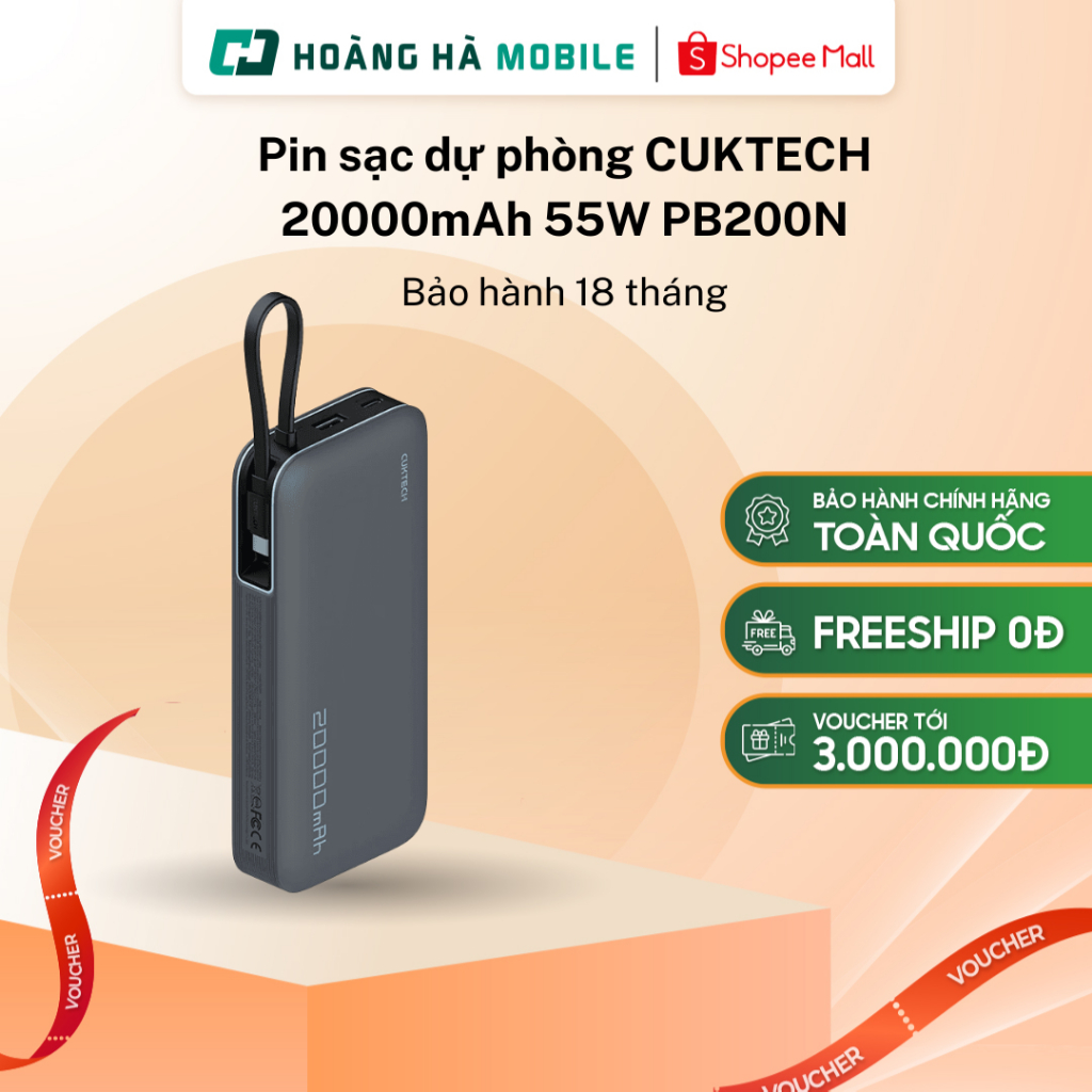 Pin sạc dự phòng CUKTECH 20000mAh 55W PB200N Bảo hành 18 tháng
