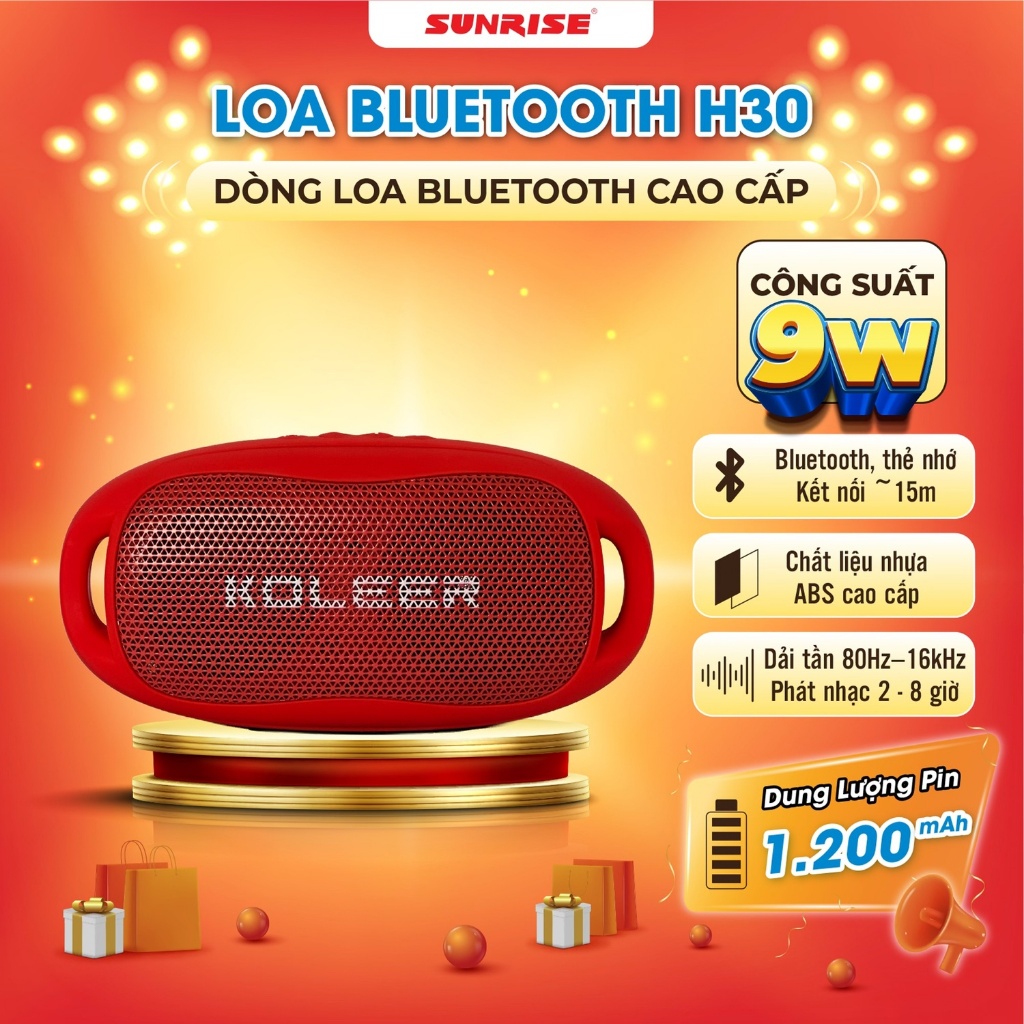 Loa Bluetooth KOLEER H30 9W – Loa mini di động bass mạnh, Bluetooth 5.4, pin 1200mAh, kết nối 15m