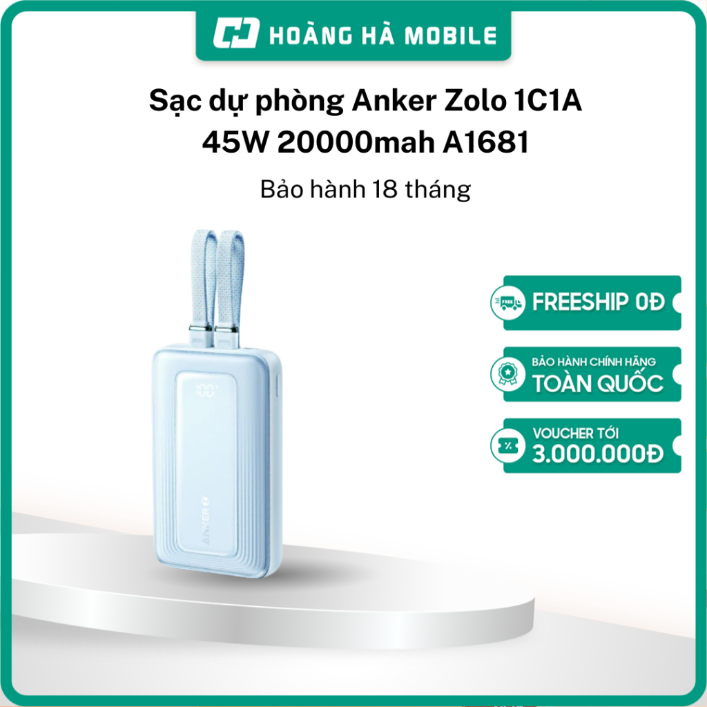 Sạc dự phòng Anker Zolo 1C1A 45W 20000mah A1681 Bảo hành 18 tháng