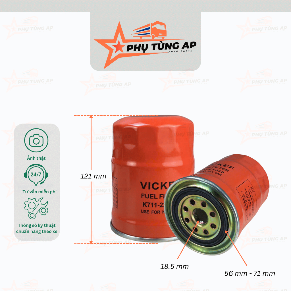 Lọc dầu (lọc nhiên liệu) cho dòng xe tải KIA 1T25, 1T4 và các dòng xe tương thích. Mã lọc : K710-23-