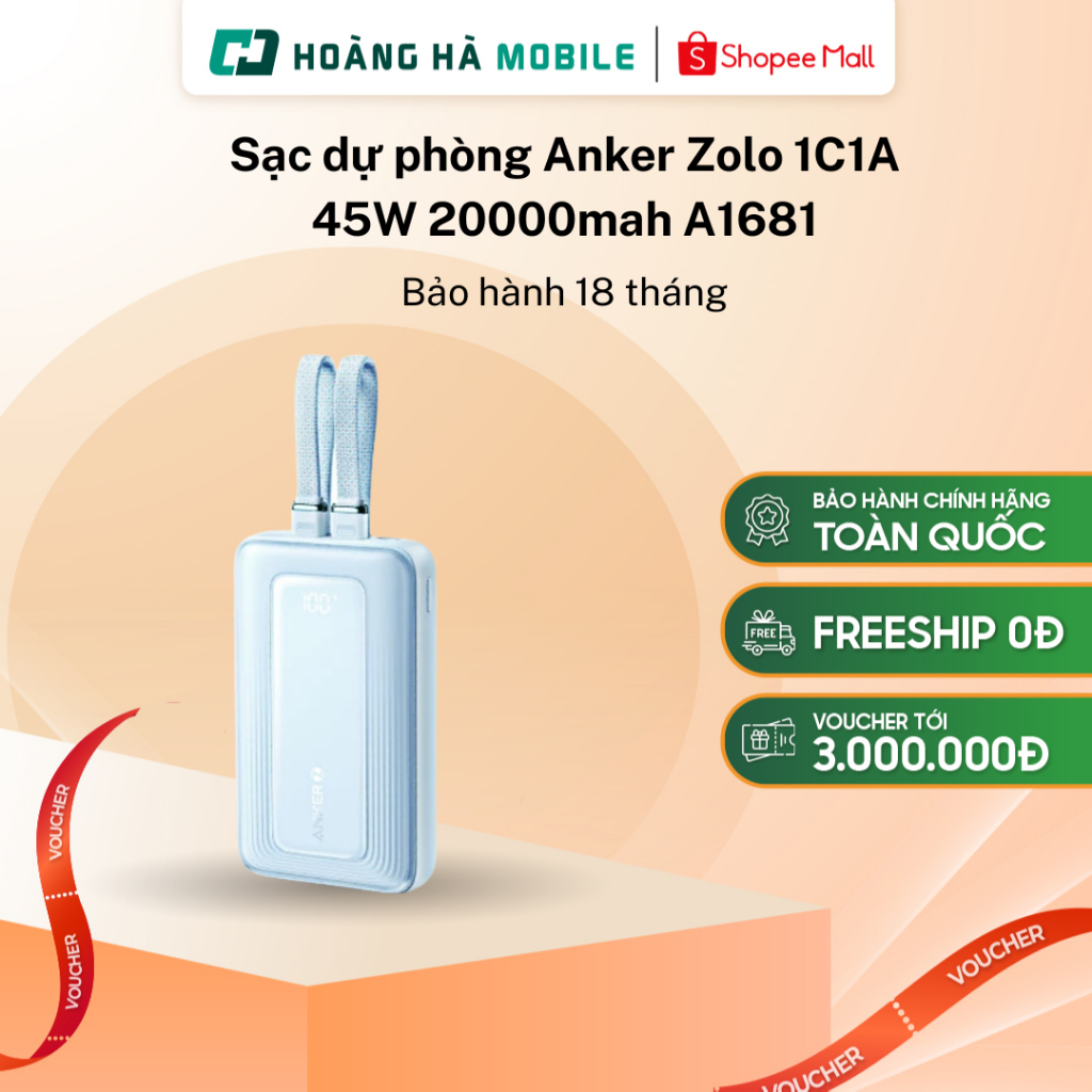 Sạc dự phòng Anker Zolo 1C1A 45W 20000mah A1681 Bảo hành 18 tháng