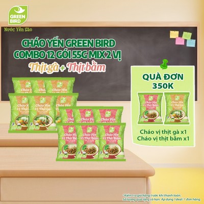 Combo 12 Gói Cháo Yến Green Bird Mix 2 Vị Thịt Bằm + Thịt Gà Dinh Dưỡng Thơm Ngon - Gói 55g