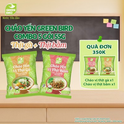 Combo 5 Gói Cháo Yến Green Bird Vị Thịt Bằm / Thịt Gà Dinh Dưỡng Thơm Ngon - Gói 55g