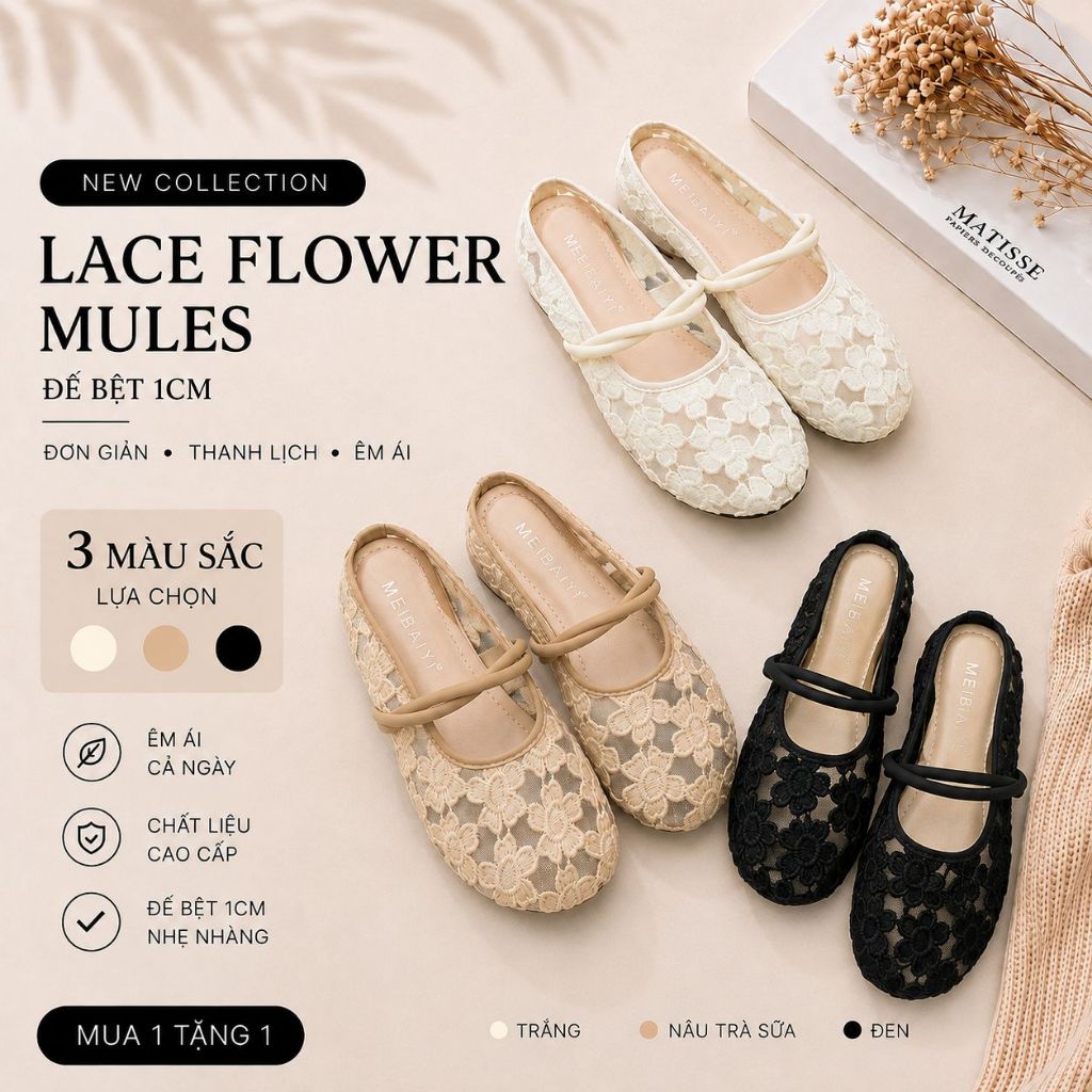[ Hàng Loại 1 ] Dép Sục Nữ Ren Hoa Lưới Đế Bằng Mũi Tròn Thiết Kế Tinh Tế Lót Đệm Êm Chân Size 35-39