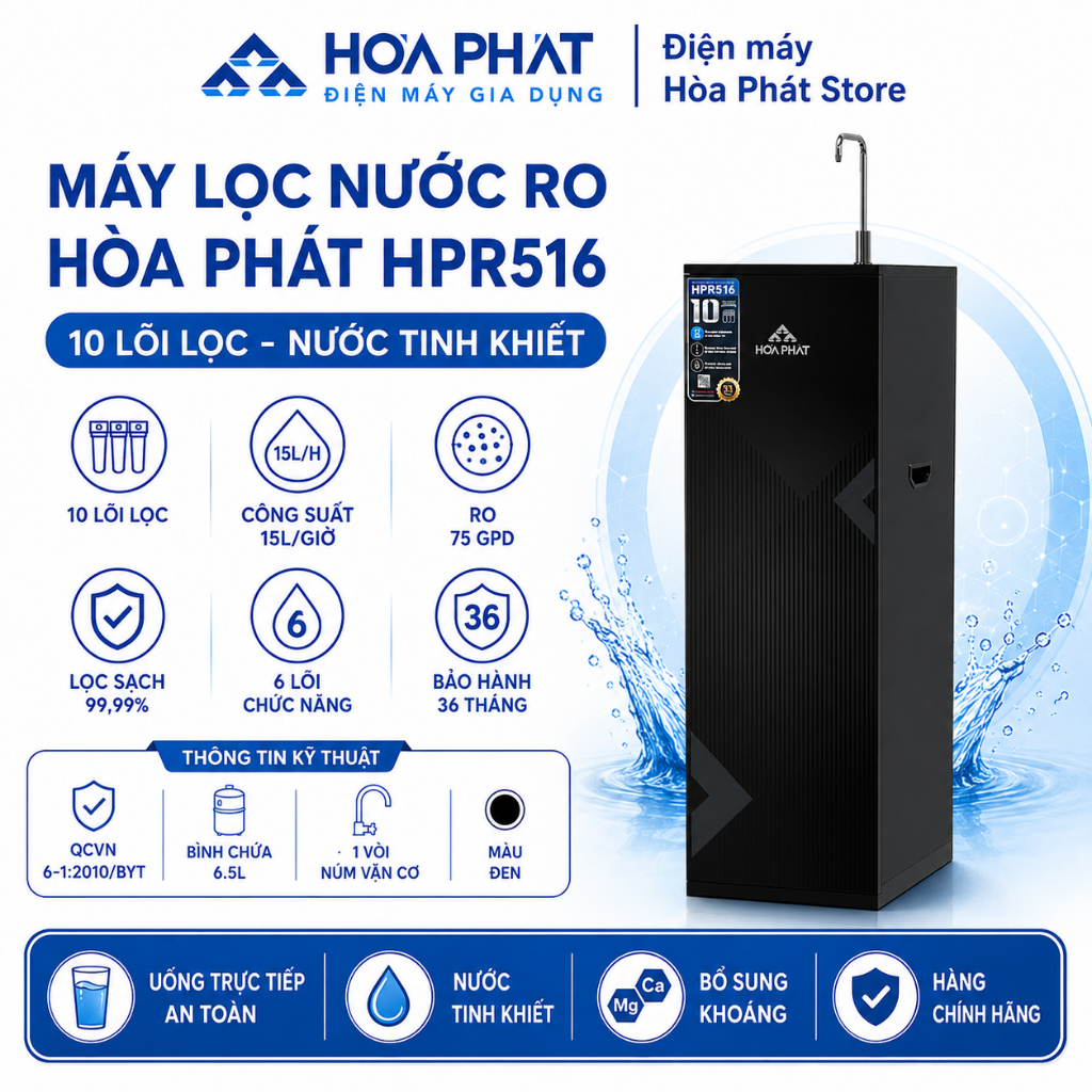Máy lọc nước RO tủ đứng Hòa Phát HPR516 - Hệ thống 10 lõi - Bảo hành 3 năm chính hãng
