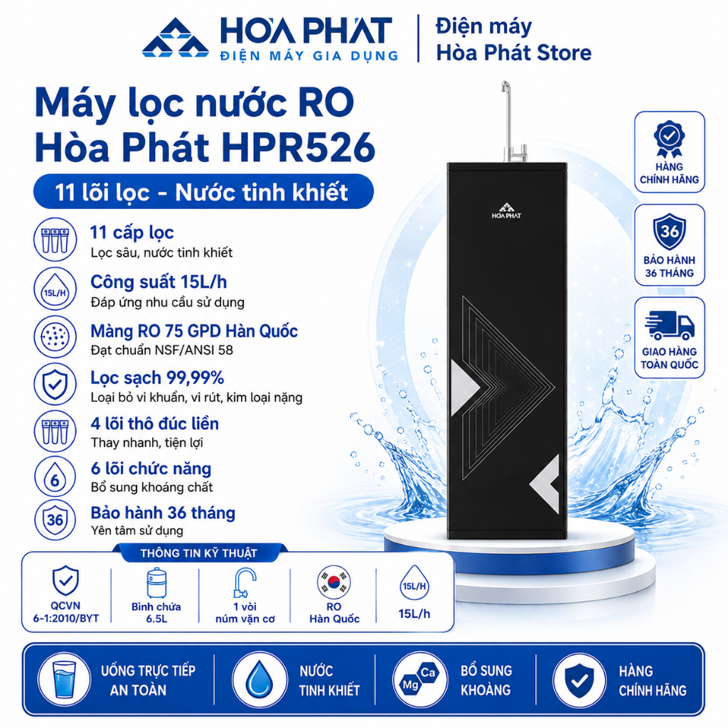 Máy lọc nước RO tủ đứng Hòa Phát HPR526 - Hệ thống 11 lõi - Bảo hành 3 năm chính hãng
