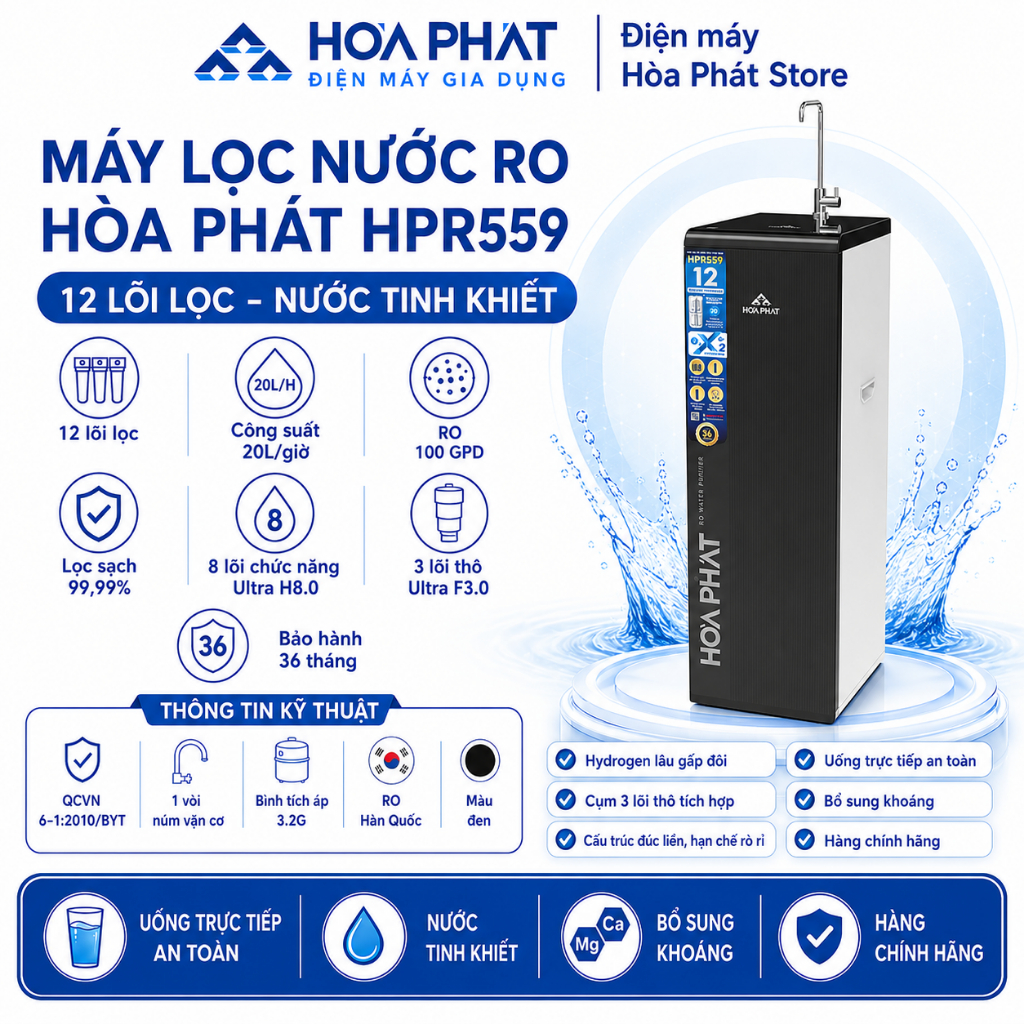 Máy lọc nước RO tủ đứng Hòa Phát HPR559 - Hệ thống 12 lõi phiên bản mới - Hàng chính hãng