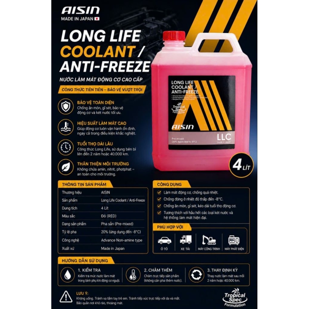 Nước Làm Mát Động Cơ AISIN Long Life Coolant / Anti-Freeze (Màu Đỏ - Can 4L Chính Hãng Nhật Bản)