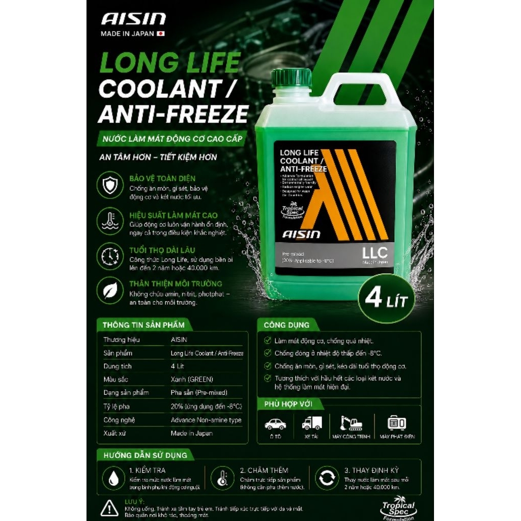 Nước Làm Mát AISIN Long Life Coolant Màu Xanh (Can 4 Lít - Made in Japan)