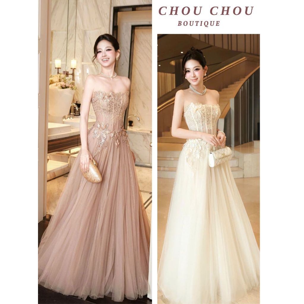 Đầm Cúp Ngực Corset Thêu Hoa Đính Đá Dáng Dài Xoè Tơ Bồng Màu Nude Đi Tiệc Sự Kiện Sang Trọng