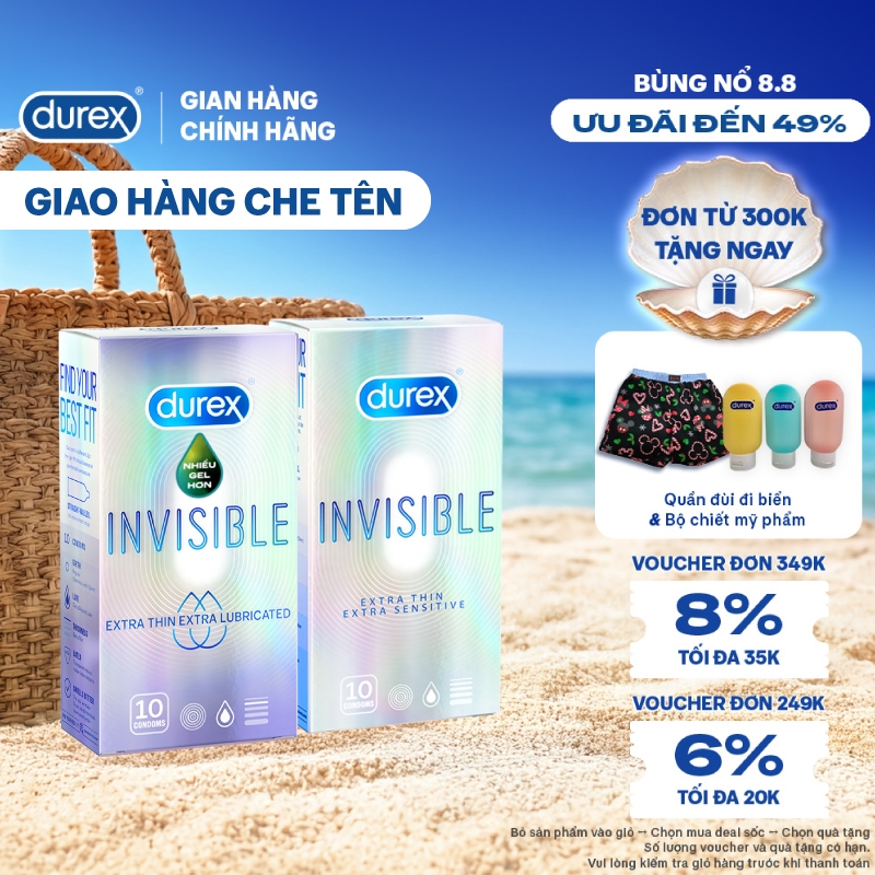 COMBO DUREX INVISIBLE LUBRICATED và DUREX INVISIBLE EXTRA THIN EXTRA SENSITIVE (10 BAO/HỘP; 52MM)