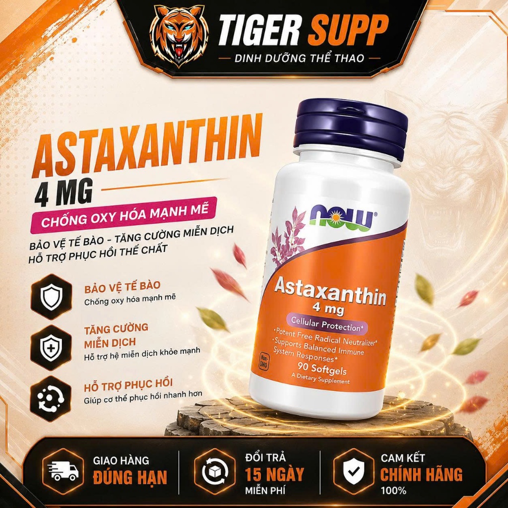 NOW Foods Astaxanthin 4mg | 90 Viên | Bổ Sung Astaxanthin Dạng Viên