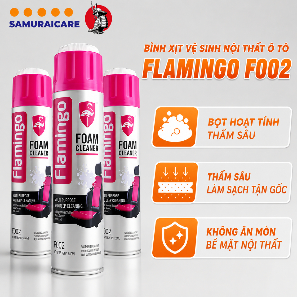 Xịt bọt vệ sinh nội thất ô tô Flamingo F002 650ml, ghế da ô tô, ghế da sofa taplo cánh cửa ô tô