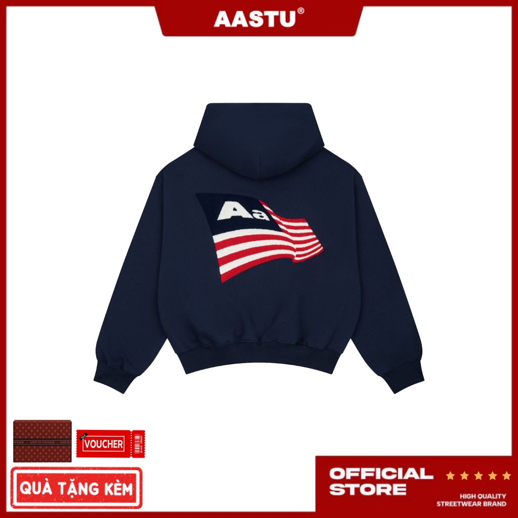 AASTU - Áo Hoodie AASTU AA Flag Logo Form Boxy Vải Nỉ Bông Local Brand Unisex / Xanh Navy