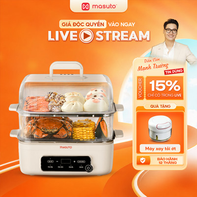 Nồi Lẩu Hấp Điện Đa Năng 3in1 Masuto MSSteam. Dung tích 14,5L - Công suất 1500W, Khay Hấp Inox 304, Tặng Xay Tỏi Ớt