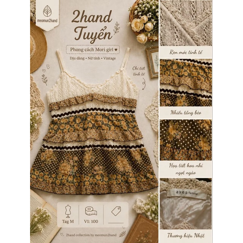 Áo 2 Dây Vintage 2Hand Hoa – Mori Girl, Nhiều Tầng Bèo, Ren Xinh