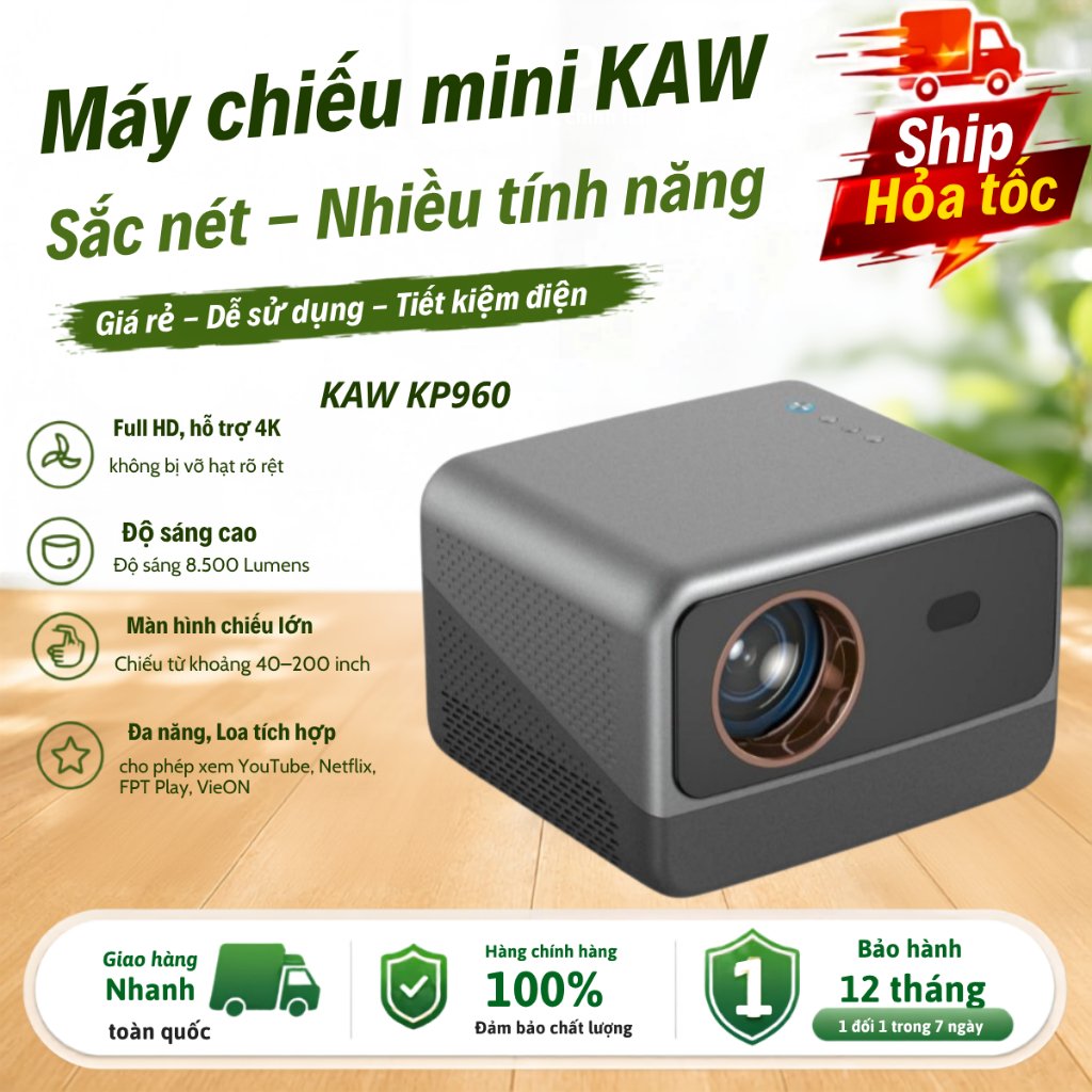 Máy Chiếu Mini KAW KP960 Chính Hãng Chiếu Gia Đình, Độ Sáng Cao, Hỗ Trợ Video 4K, Full HD