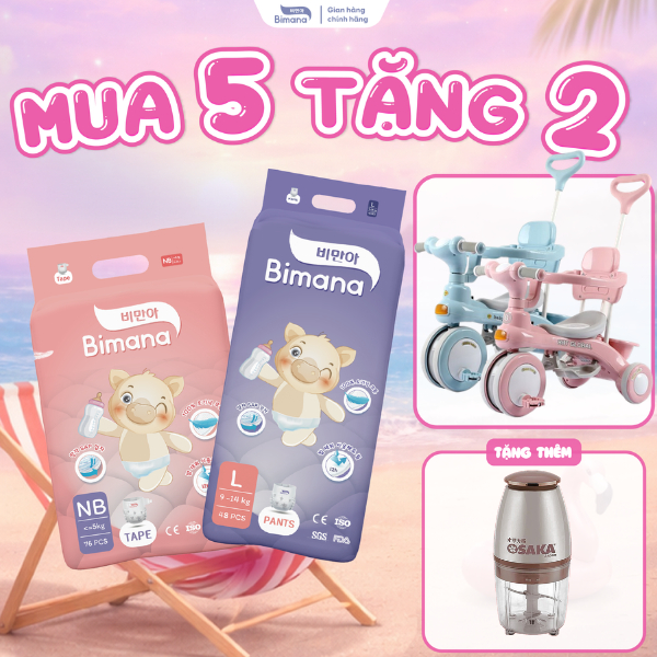 [5B] - [TẶNG XE ĐẠP 3IN 1] - COMBO 5 BỊCH Tã Bỉm Dán Quần BIMANA HÀN QUỐC