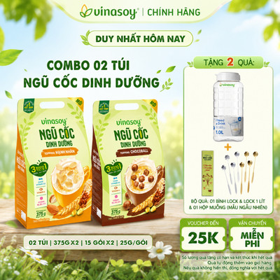 Combo 02 túi ngũ cốc dinh dưỡng Vinasoy Topping Hạnh Nhân/Chocoball (2 túi | 30 gói x 25g | 375gx2)