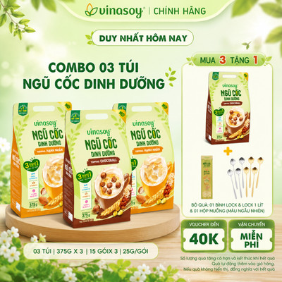 Combo 03 túi ngũ cốc dinh dưỡng Vinasoy Topping Hạnh Nhân/Chocoball (3 túi | 45 gói x 25g | 375gx3)