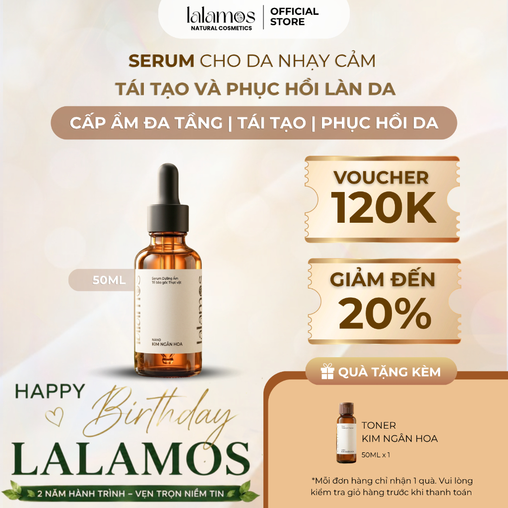 Serum Dưỡng Ẩm Nano Kim Ngân Hoa Lalamos Giúp Phục Hồi Và Tái Tạo Da 50ml
