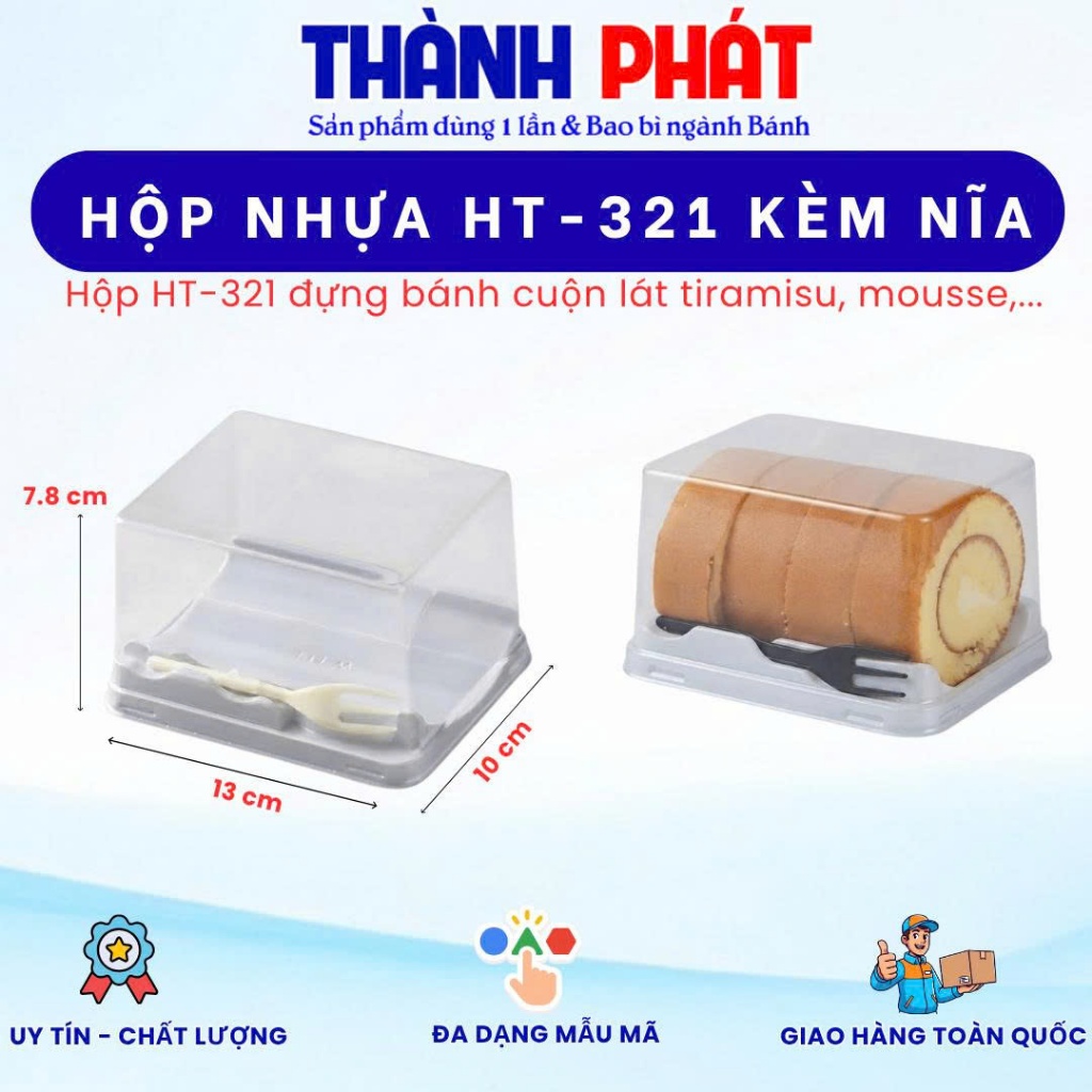 50 Hộp HT-321 đựng bánh cuộn có kèm nĩa nhựa - đựng bánh khúc cây