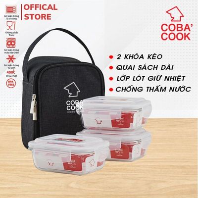 [XẢ KHO] Bộ 3 Hộp Cơm Thủy Tinh COBACOOK Hình Chữ Nhật 370ml Kèm Túi Giữ Nhiệt- CCL33BS