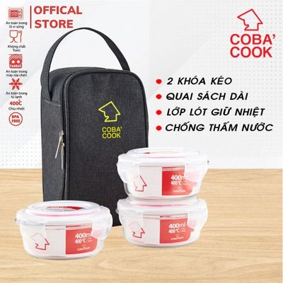 Bộ túi hộp đựng thủy tinh COBA'COOK gồm 3 hộp tròn 400ml và 1 túi giữ nhiệt với- CCR43BL