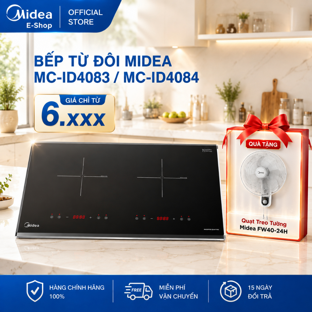 Bếp Từ Đôi Midea MC-ID4083 / MC-ID4084 | Mặt Kính Schott | Bo Viền Inox | 4000W Có Sôi Liu Riu